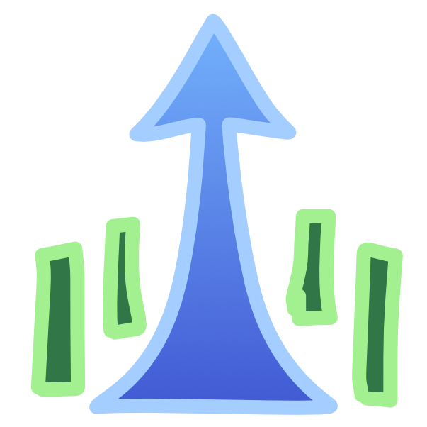 an image with light line art shows a big blue arrow with a wide base.Around the base are 4 green rectangles standing upright.